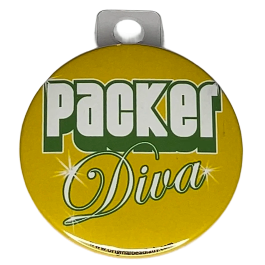 "Packer Diva" Yellow, Green Bay Football, 3" Pin-On Button