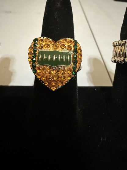 Green & Gold Heart Football Ring- Stretchy Fit